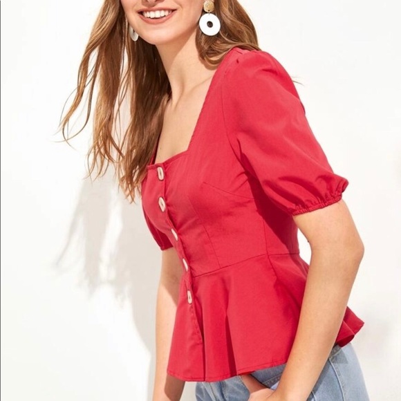 Square neck button front peplum tea top - Picture 3 of 3